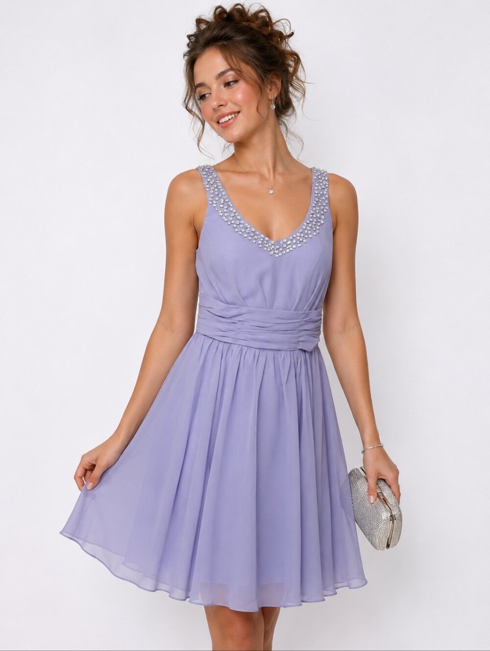 Lavender V-Neck Chiffon Wedding Dress with Embellished Neckline
